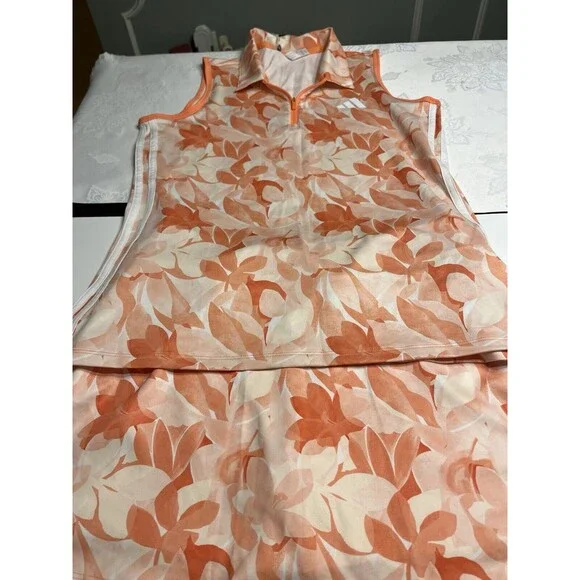 Adidas Floral Peachy Sleeveless Polo Shirt Sz M; Skort Sz S Golf Tennis Athletic